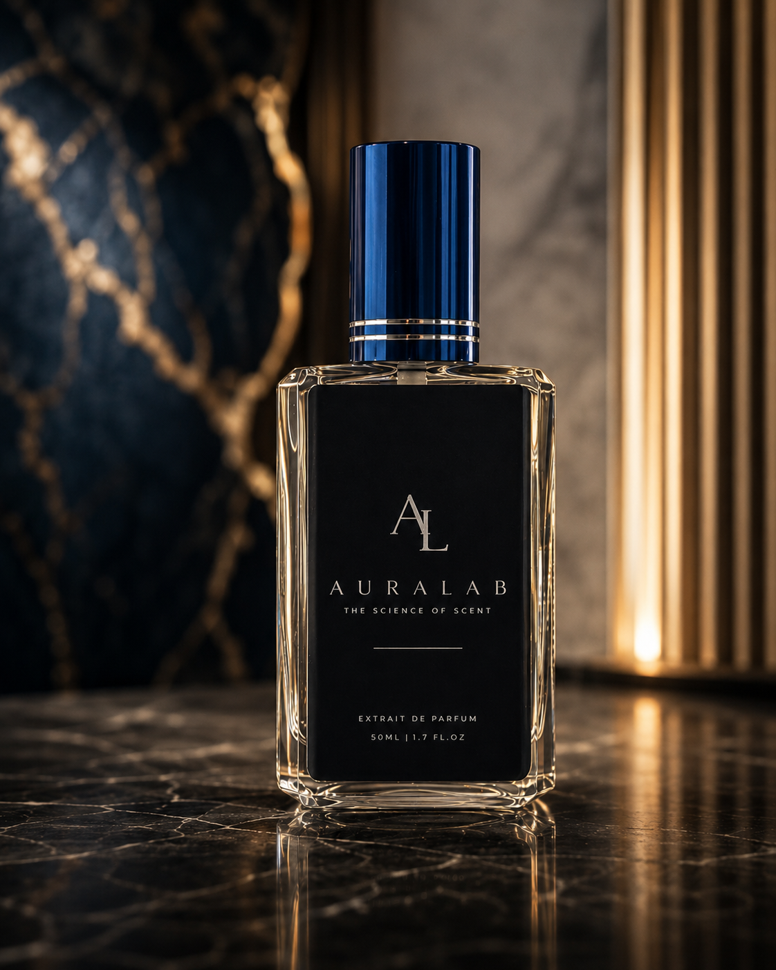 AURALAB No. 30 Oud Boisé, 30ml extrait de parfum in a black glass bottle with a blue lid